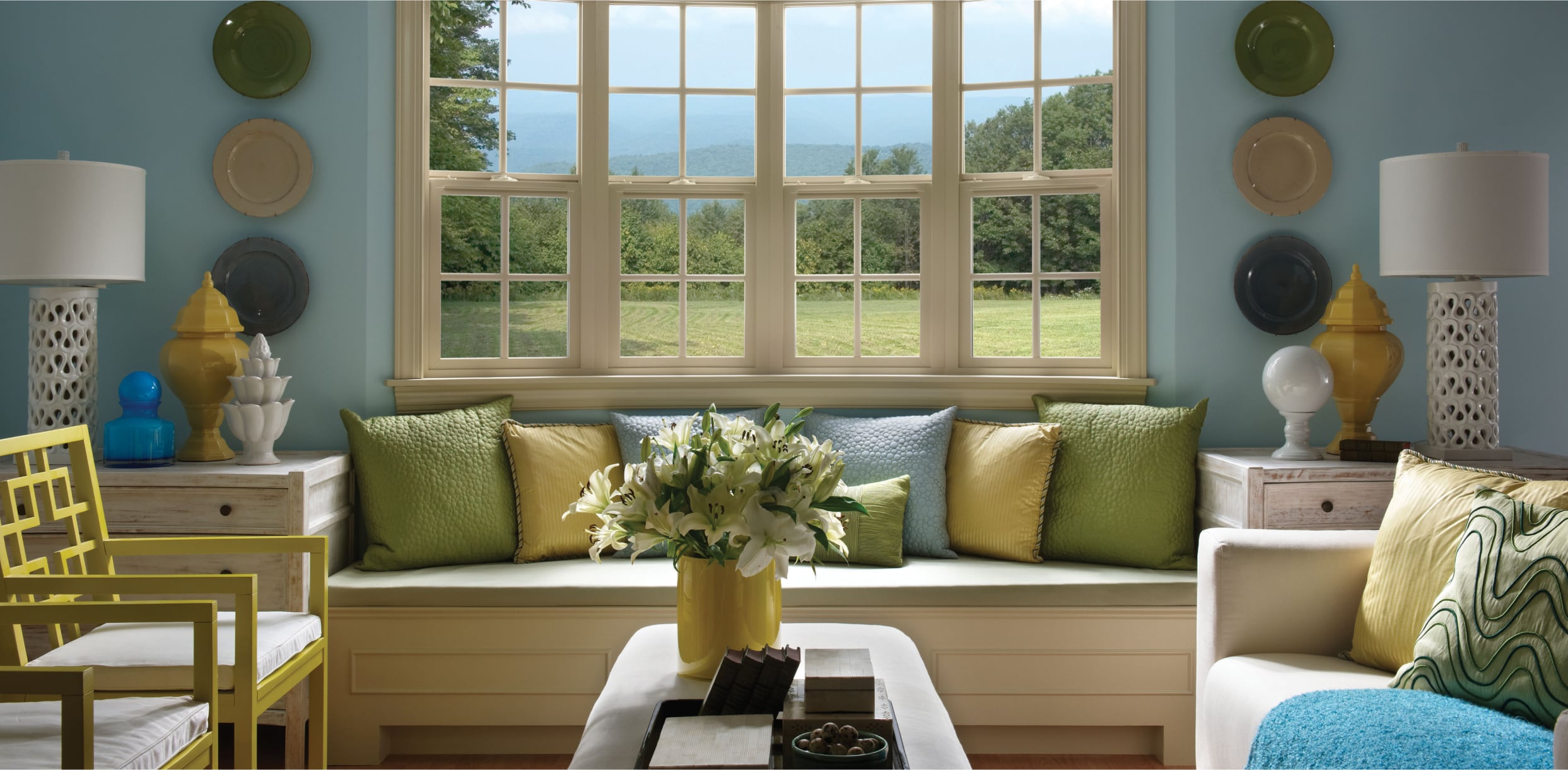 Four-Lite Bow Window with Single Hungs and Colonial Grilles